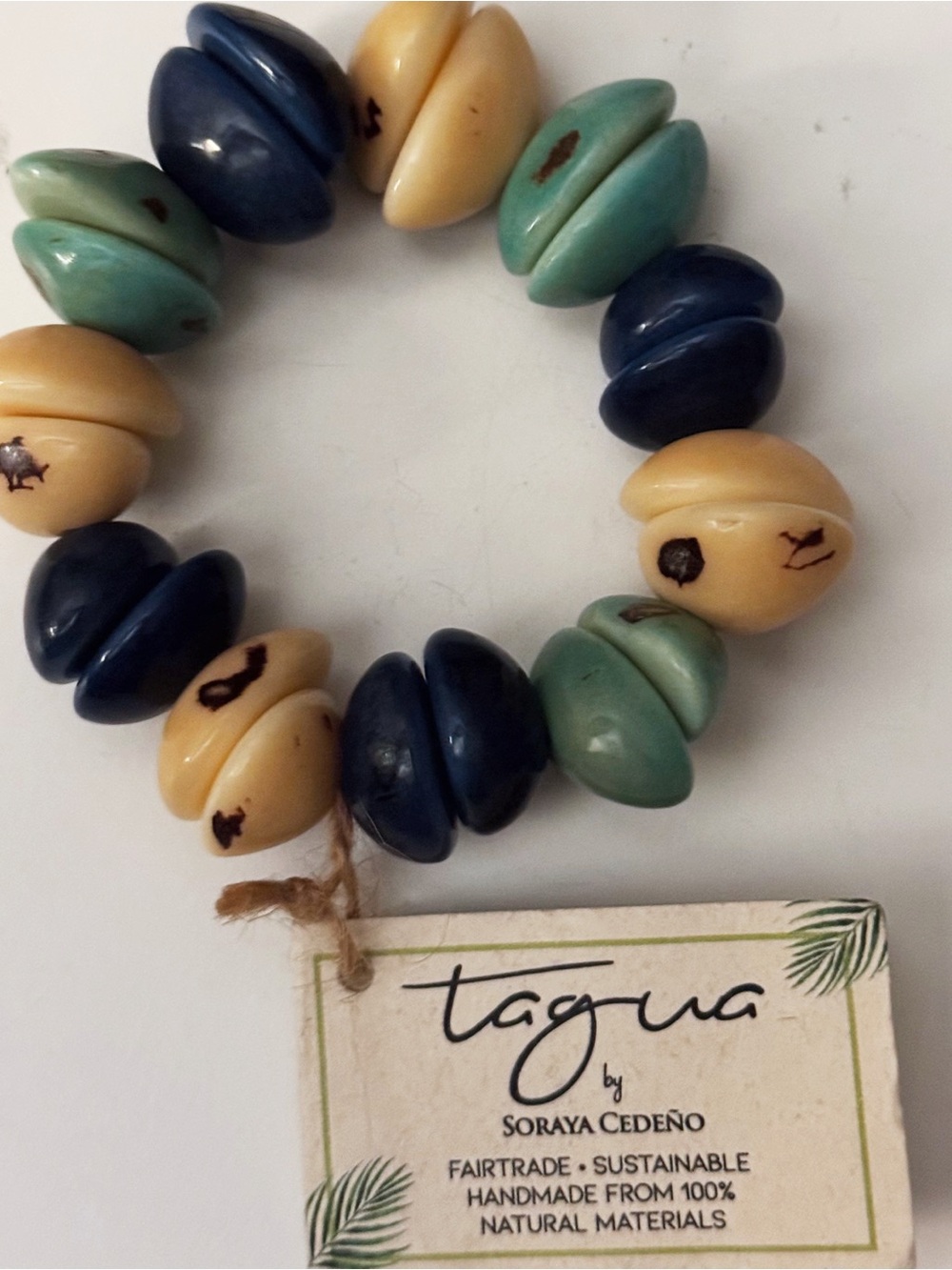 Tagua Nuts Blue, Green & Cream Tagua Bead Stretch Bracelet